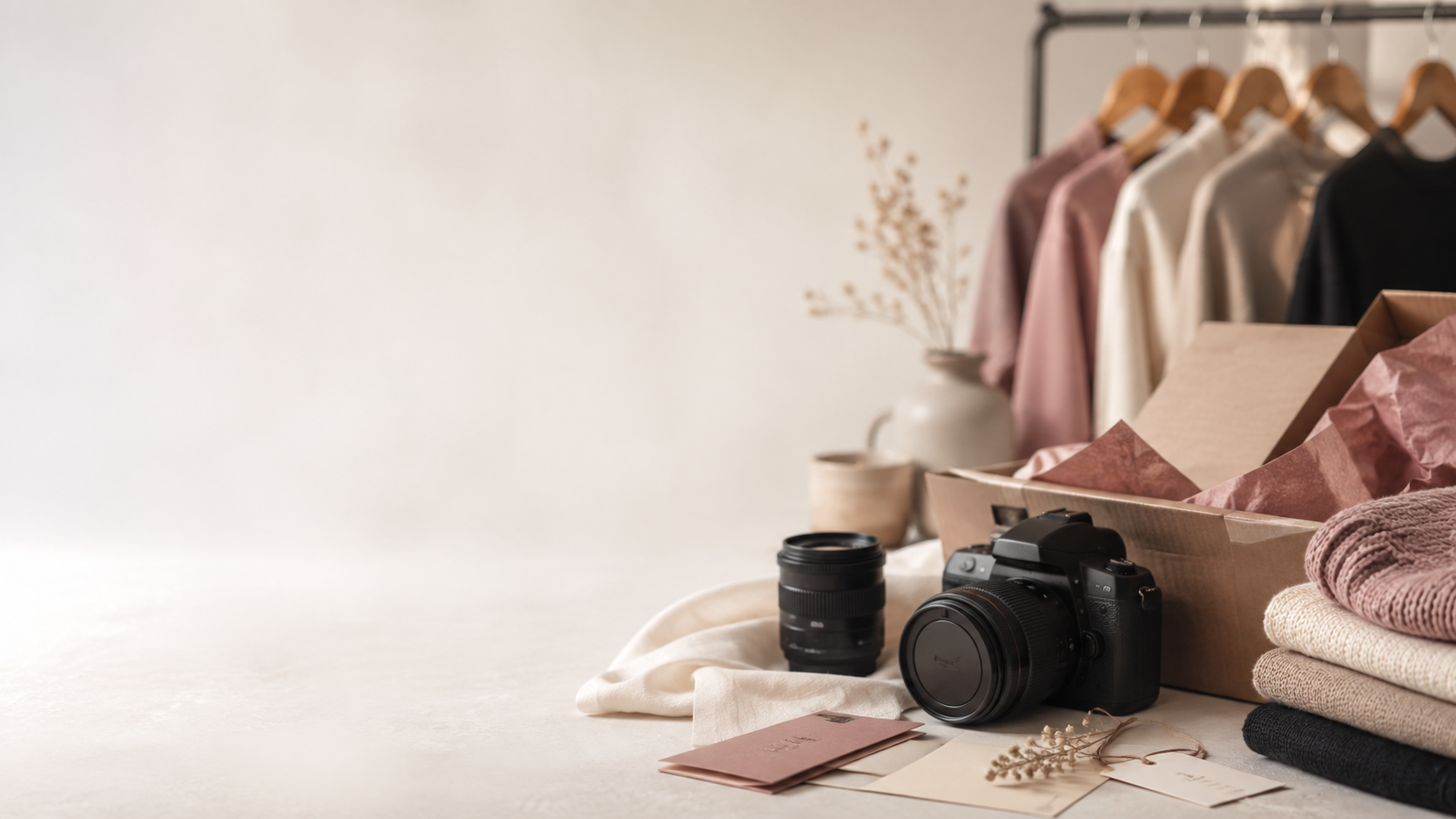 A warm flatlay of Rebecca's studio essentials: camera, lenses, folded garments and packaging materials